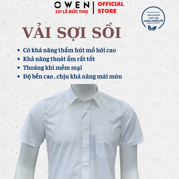 Áo sơ mi trắng nam tay ngắn Owen AR260522NTV màu trắng trơn dáng suông regular fit tà lượn có túi chất liệu sợi sồi