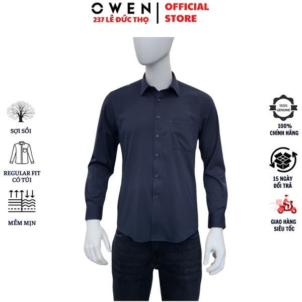 Áo sơ mi nam tay dài Owen AR261049DT màu xanh tím than Dáng suông regular fit tà lượn có túi chất liệu modal polyester