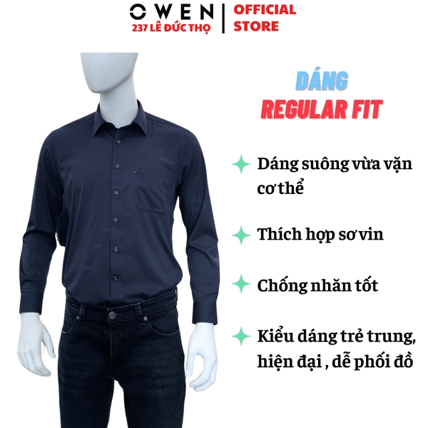 Áo sơ mi nam tay dài Owen AR261049DT màu xanh tím than Dáng suông regular fit tà lượn có túi chất liệu modal polyester