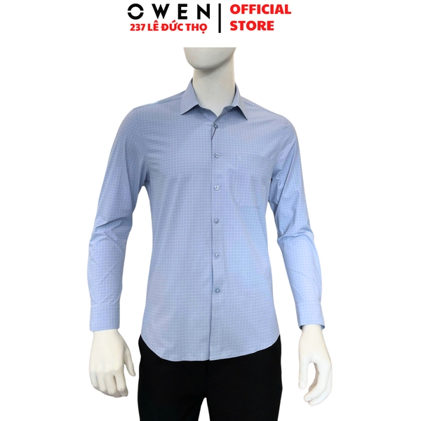 Áo sơ mi nam tay dài Owen AR263000DT màu xanh dáng suông regular fit tà lượn có túi chất liệu nylon spandex