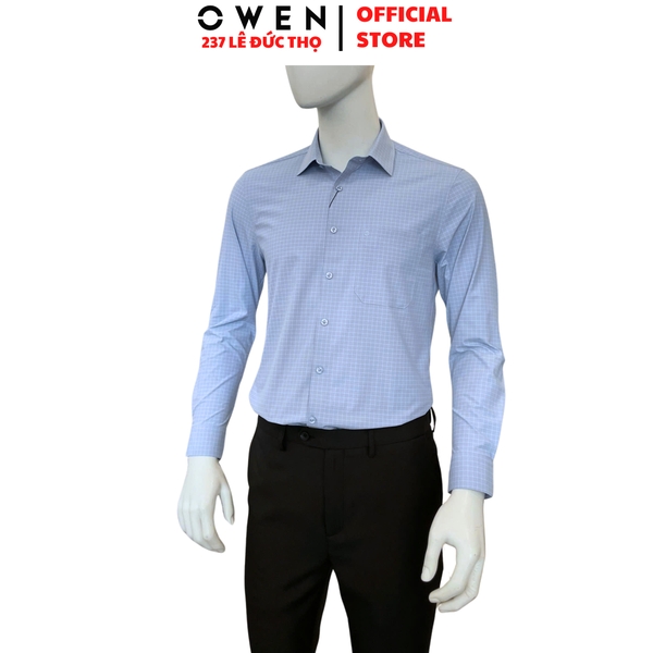 Áo sơ mi nam tay dài Owen AR263000DT màu xanh dáng suông regular fit tà lượn có túi chất liệu nylon spandex