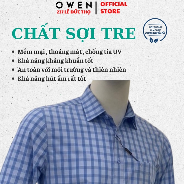 Áo sơ mi nam tay ngắn Owen AR263017DT màu xanh dáng suông regular fit tà lượn có túi chất liệu Bamboo polyester