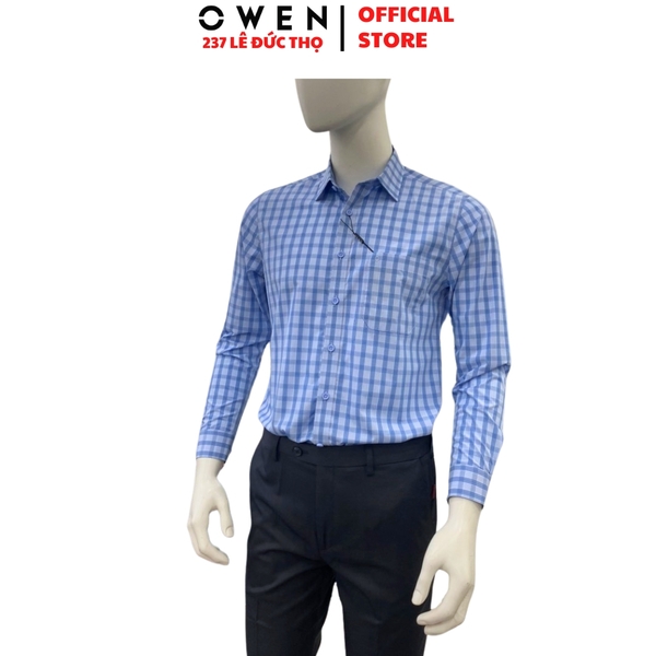 Áo sơ mi nam tay ngắn Owen AR263017DT màu xanh dáng suông regular fit tà lượn có túi chất liệu Bamboo polyester