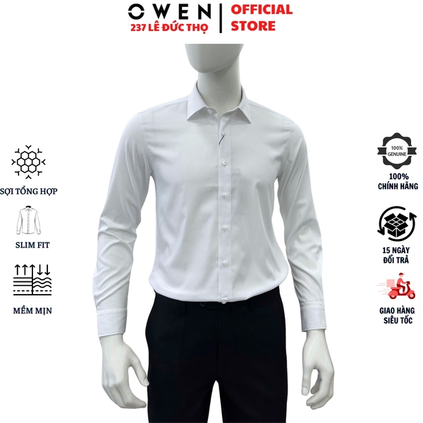 Áo sơ mi nam tay dài Owen AS255058D màu trắng dáng ôm slim fit tà lượn không túi chất liệu poly midal