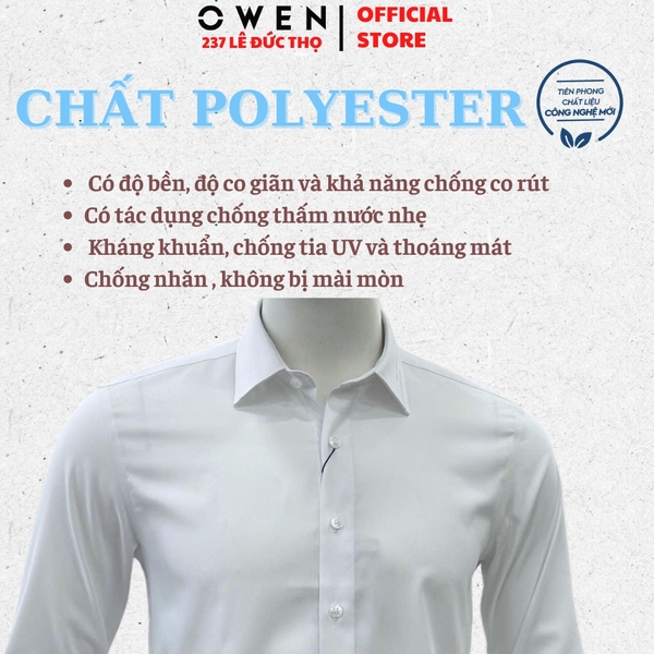 Áo sơ mi nam tay dài Owen AS255058D màu trắng dáng ôm slim fit tà lượn không túi chất liệu poly midal