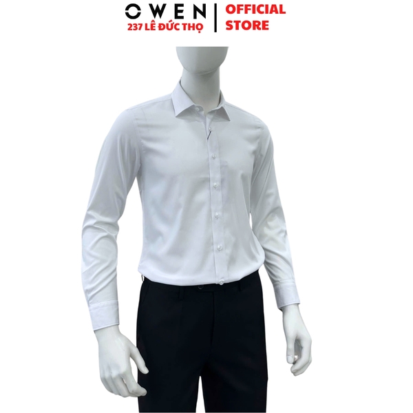 Áo sơ mi nam tay dài Owen AS255058D màu trắng dáng ôm slim fit tà lượn không túi chất liệu poly midal