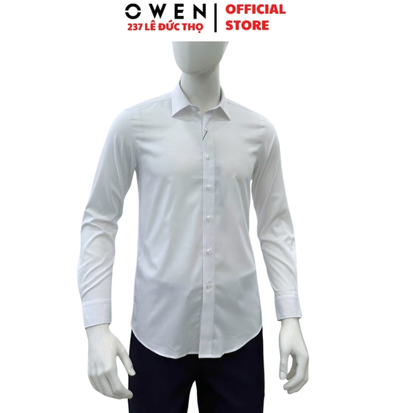 Áo sơ mi nam tay dài Owen AS255058D màu trắng dáng ôm slim fit tà lượn không túi chất liệu poly midal