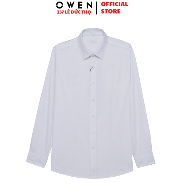 Áo sơ mi nam tay dài Owen AS255058D màu trắng dáng ôm slim fit tà lượn không túi chất liệu poly midal