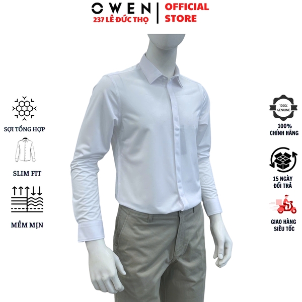 Áo sơ mi nam tay dài Owen AS260002D màu trắng dáng ôm slim fit tà lượn không túi chất liệu polyester