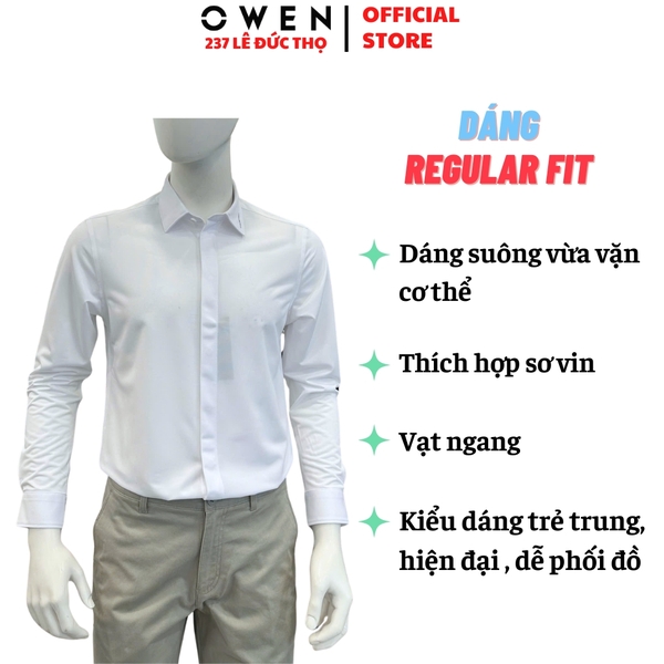 Áo sơ mi nam tay dài Owen AS260002D màu trắng dáng ôm slim fit tà lượn không túi chất liệu polyester