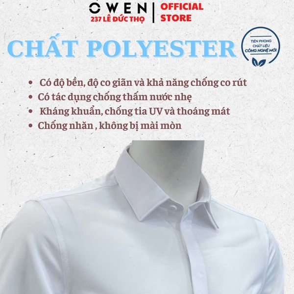 Áo sơ mi nam tay dài Owen AS260002D màu trắng dáng ôm slim fit tà lượn không túi chất liệu polyester