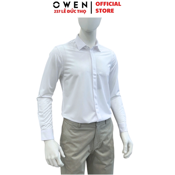 Áo sơ mi nam tay dài Owen AS260002D màu trắng dáng ôm slim fit tà lượn không túi chất liệu polyester
