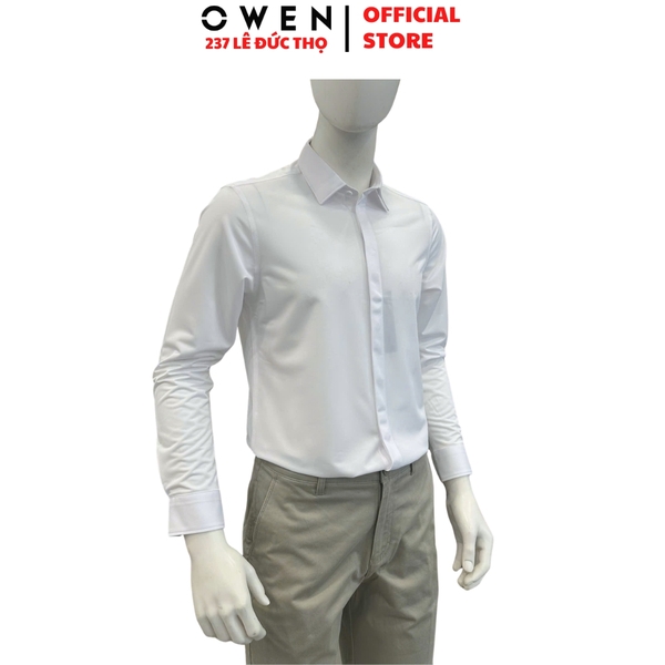 Áo sơ mi nam tay dài Owen AS260002D màu trắng dáng ôm slim fit tà lượn không túi chất liệu polyester