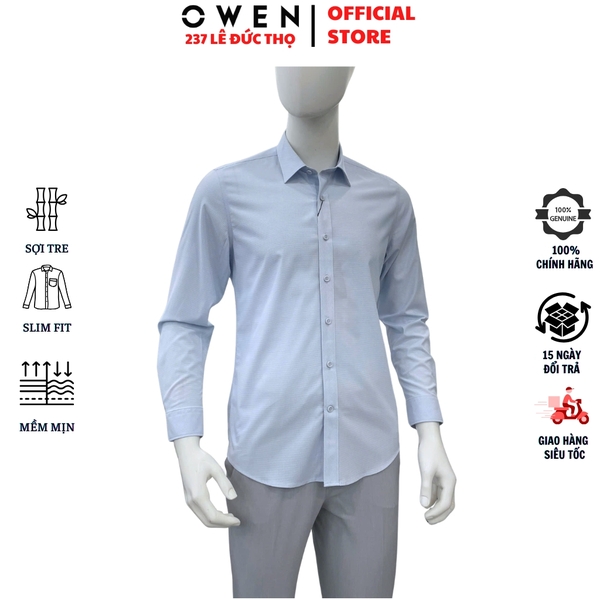 Áo sơ mi nam tay dài Owen AS260034D màu xanh nhạt dáng ôm slim fit tà lượn không túi chất liệu Bamboo polyester