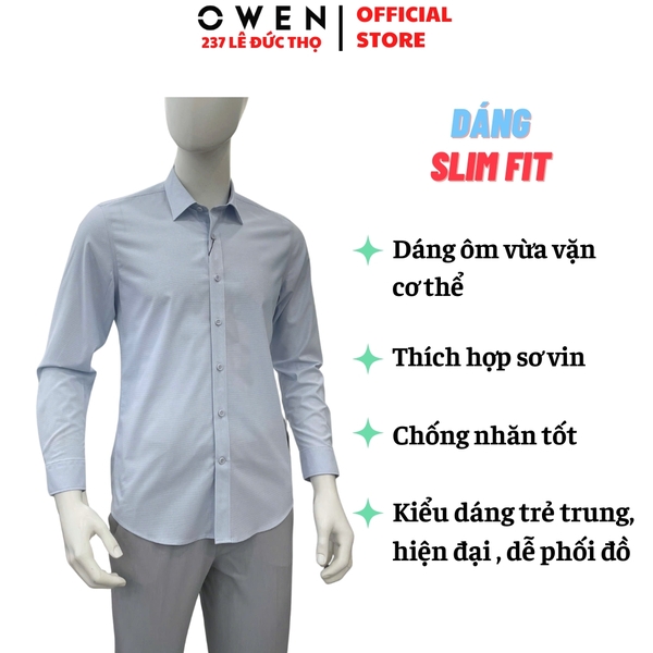 Áo sơ mi nam tay dài Owen AS260034D màu xanh nhạt dáng ôm slim fit tà lượn không túi chất liệu Bamboo polyester