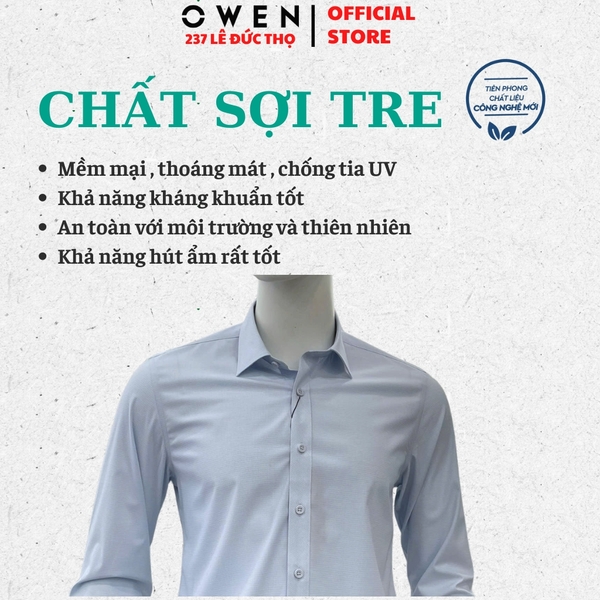 Áo sơ mi nam tay dài Owen AS260034D màu xanh nhạt dáng ôm slim fit tà lượn không túi chất liệu Bamboo polyester