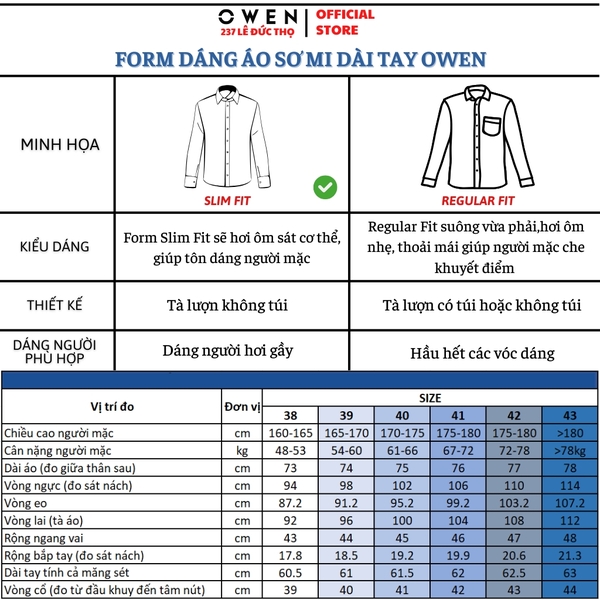 Áo sơ mi nam tay dài Owen AS260034D màu xanh nhạt dáng ôm slim fit tà lượn không túi chất liệu Bamboo polyester