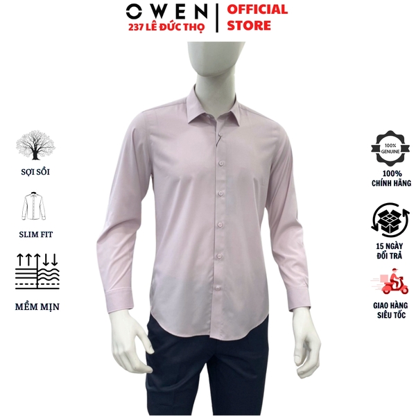 Áo sơ mi nam tay ngắn Owen AS260104D màu hồng dáng ôm slim fit tà lượn không túi chất liệu Bamboo polyester