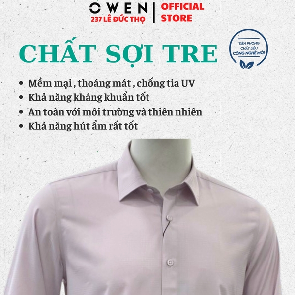 Áo sơ mi nam tay ngắn Owen AS260104D màu hồng dáng ôm slim fit tà lượn không túi chất liệu Bamboo polyester