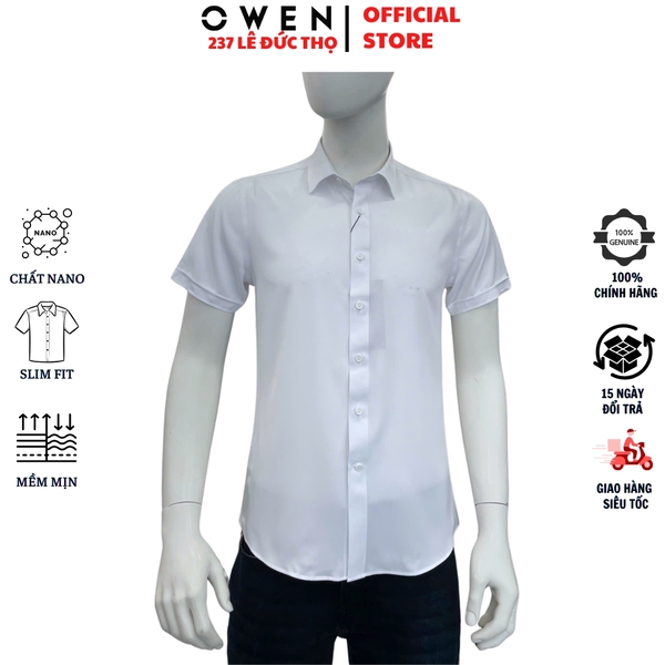 Áo sơ mi trắng nam tay ngắn Owen AS260504NBF Màu trắng trơn dáng ôm slim fit tà lượn không túi chất liệu nano