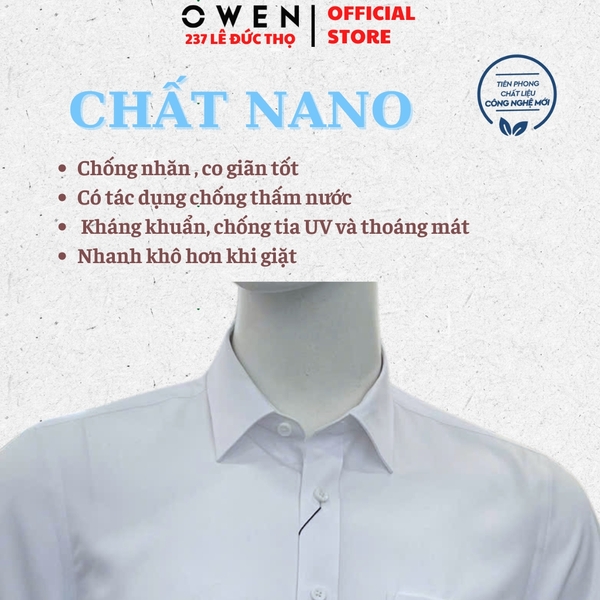 Áo sơ mi trắng nam tay ngắn Owen AS260504NBF Màu trắng trơn dáng ôm slim fit tà lượn không túi chất liệu nano