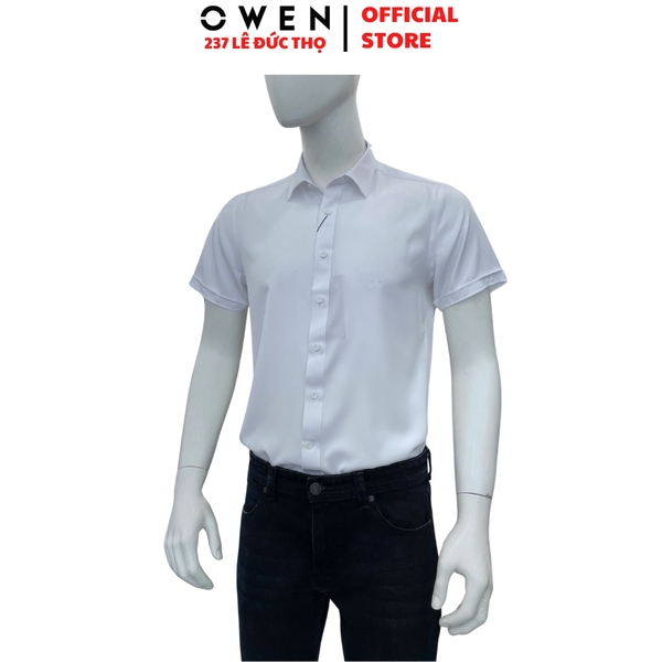 Áo sơ mi trắng nam tay ngắn Owen AS260504NBF Màu trắng trơn dáng ôm slim fit tà lượn không túi chất liệu nano