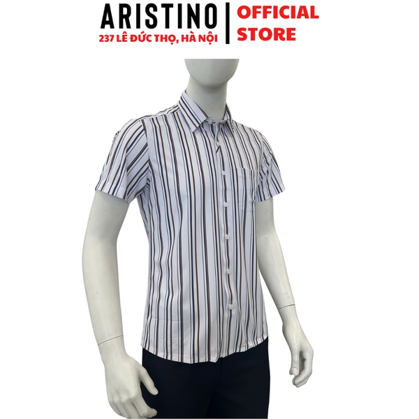 Áo Sơ Mi Nam Ngắn Tay Aristino ASS060FAH2 màu trắng in kẻ nâu