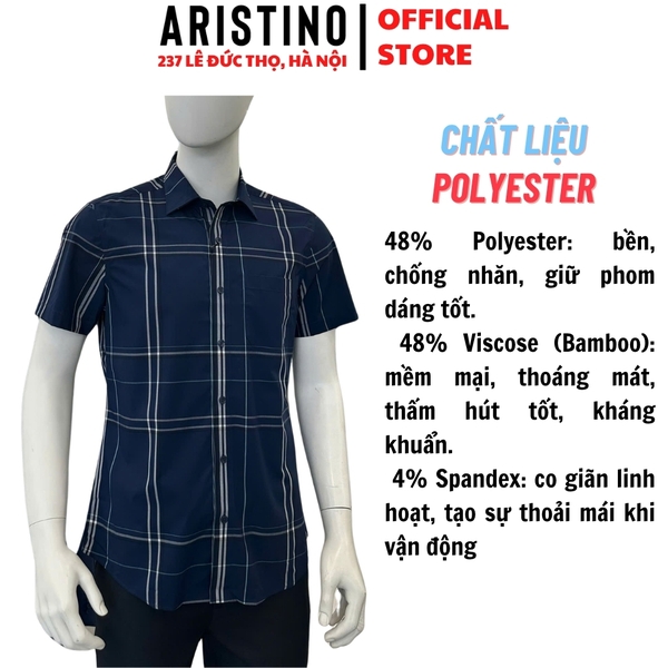 Áo Sơ Mi Nam Ngắn Tay Aristino ASS079FAH2 màu xanh tím than kẻ trắng