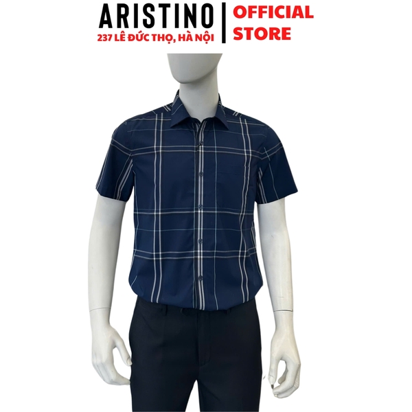 Áo Sơ Mi Nam Ngắn Tay Aristino ASS079FAH2 màu xanh tím than kẻ trắng