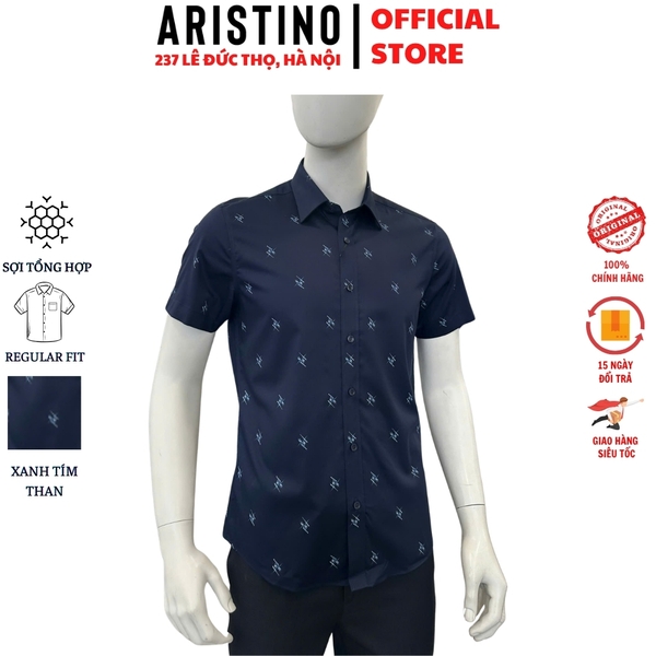 Áo Sơ Mi Nam Ngắn Tay Aristino ASS409SAH2 màu xanh tím than in họa tiết