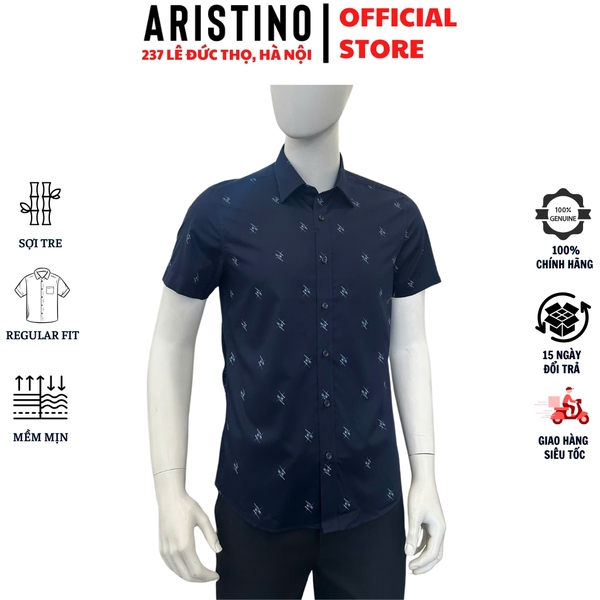 Áo Sơ Mi Nam Ngắn Tay Aristino ASS409SAH2 màu xanh tím than in họa tiết