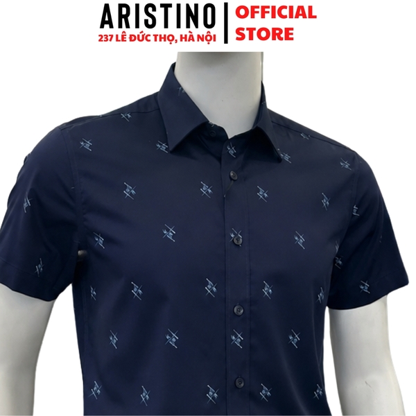 Áo Sơ Mi Nam Ngắn Tay Aristino ASS409SAH2 màu xanh tím than in họa tiết
