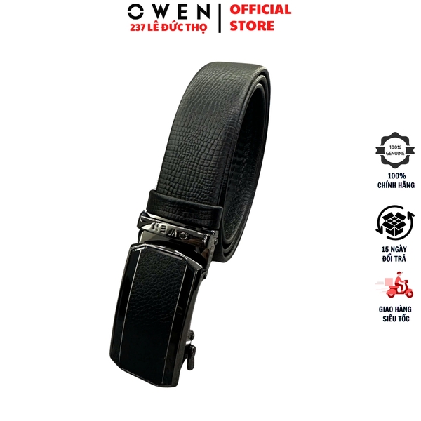 Thắt Lưng Nam Owen BELT256248 day da màu đen Mặt Khóa Trượt Tự Động Chất liệu da bò thật