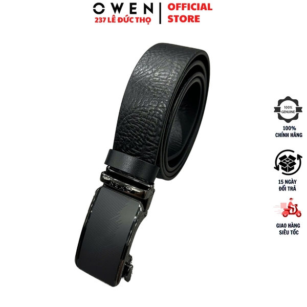Thắt Lưng Nam Owen BELT261060 dây da màu đen sần Mặt Khóa Trượt Tự Động chất liệu da bò thật