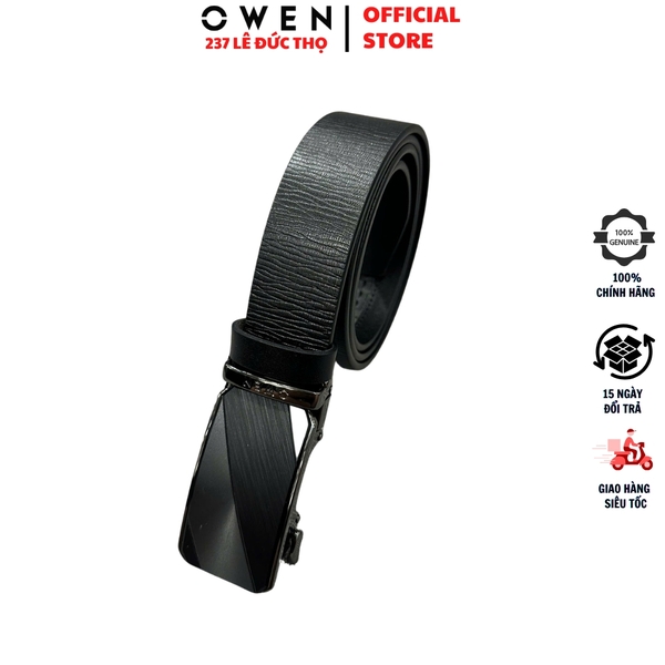 Thắt Lưng Nam Owen BELT261062 dây da màu đen sần Mặt Khóa Trượt Tự Động chất liệu da bò thật