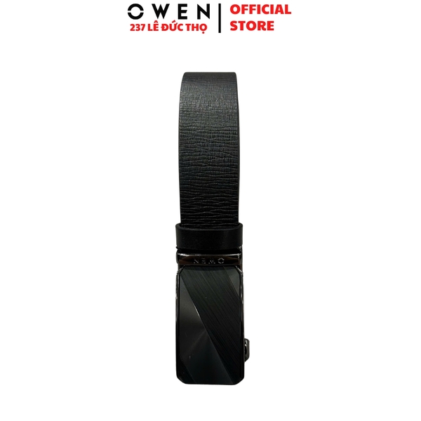 Thắt Lưng Nam Owen BELT261062 dây da màu đen sần Mặt Khóa Trượt Tự Động chất liệu da bò thật