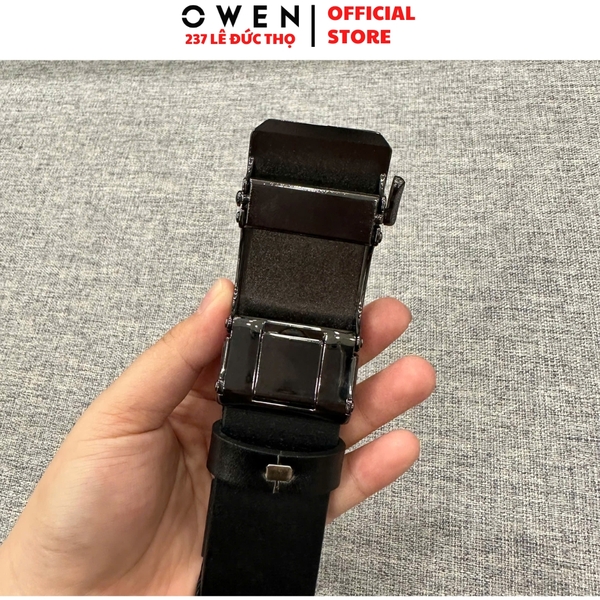 Thắt Lưng Nam Owen BELT261062 dây da màu đen sần Mặt Khóa Trượt Tự Động chất liệu da bò thật