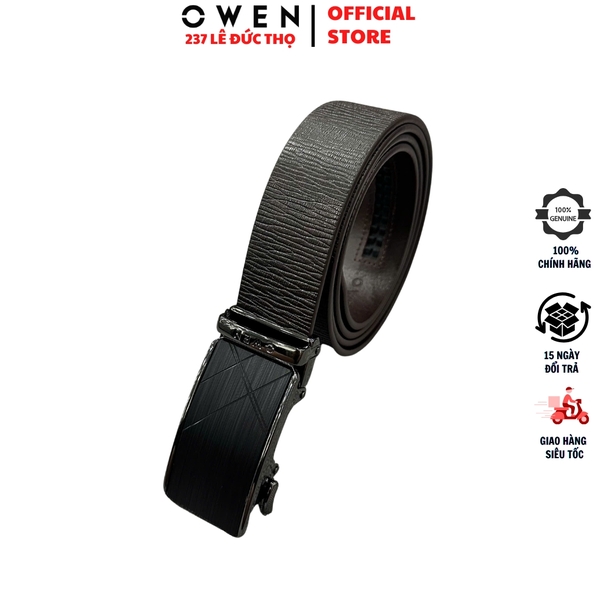 Thắt Lưng Nam Owen BELT261063 dây da màu nâu đậm sần Mặt Khóa Trượt Tự Động chất liệu da bò thật