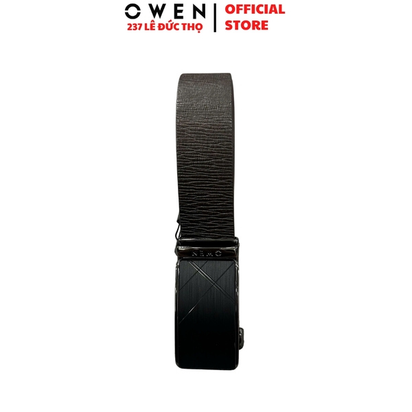 Thắt Lưng Nam Owen BELT261063 dây da màu nâu đậm sần Mặt Khóa Trượt Tự Động chất liệu da bò thật
