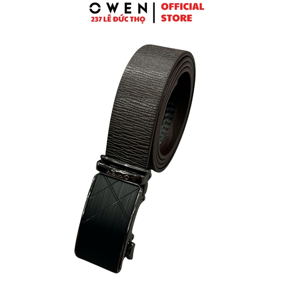 Thắt Lưng Nam Owen BELT261063 dây da màu nâu đậm sần Mặt Khóa Trượt Tự Động chất liệu da bò thật