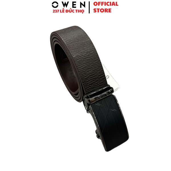Thắt Lưng Nam Owen BELT261063 dây da màu nâu đậm sần Mặt Khóa Trượt Tự Động chất liệu da bò thật