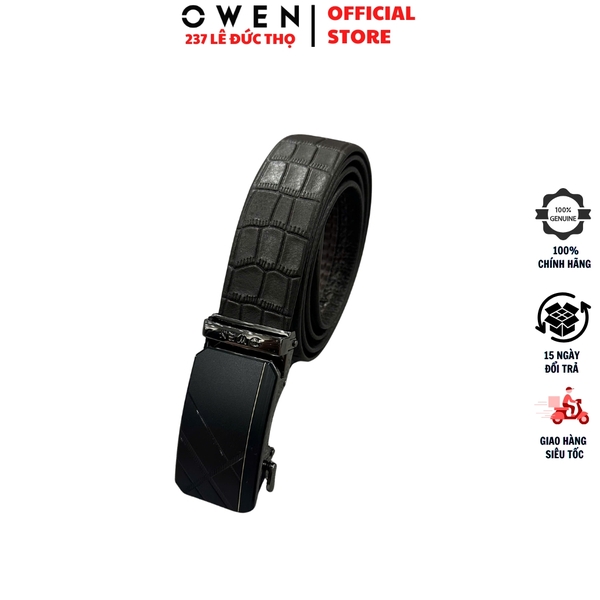 Thắt Lưng Nam Owen BELT261064 dây da màu nâu đậm vân da cá sấu Mặt Khóa Trượt Tự Động chất liệu da bò thật