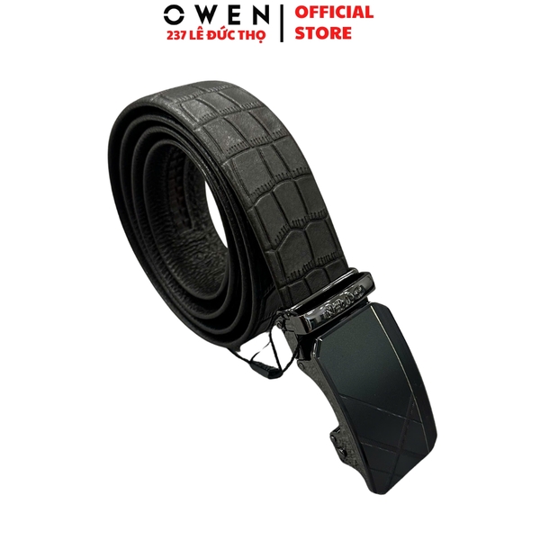 Thắt Lưng Nam Owen BELT261064 dây da màu nâu đậm vân da cá sấu Mặt Khóa Trượt Tự Động chất liệu da bò thật