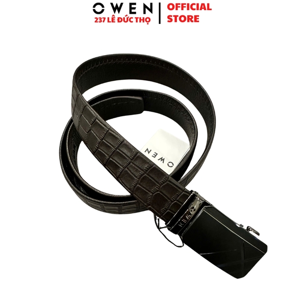 Thắt Lưng Nam Owen BELT261064 dây da màu nâu đậm vân da cá sấu Mặt Khóa Trượt Tự Động chất liệu da bò thật