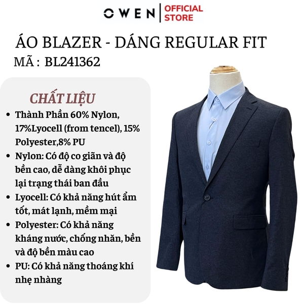 Áo Demi - Blazer Owen BL241362 màu xanh tím than xược ngang dáng regular fit 1 cúc tà xẻ hai bên Chất liệu Namu