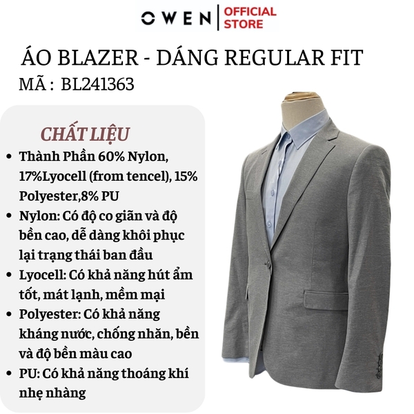 Áo Demi - Blazer Owen BL241363 màu xám nhạt xược ngang dáng regular fit 1 cúc tà xẻ hai bên Chất liệu Namu