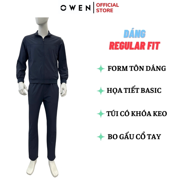 Bộ Thể Thao Nam Owen BTT256157 màu xanh tím than dáng reguler, áo cổ 3 phân, khóa kéo, tay và gấu bo chun, quần cạp chun ống suông chất liệu polyester