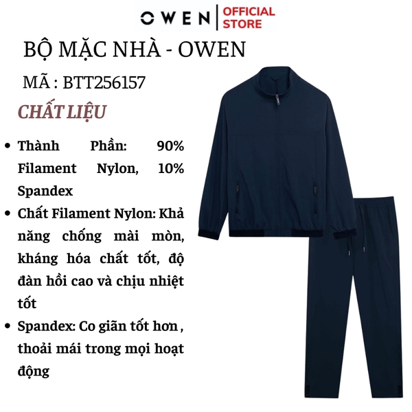 Bộ Thể Thao Nam Owen BTT256157 màu xanh tím than dáng reguler, áo cổ 3 phân, khóa kéo, tay và gấu bo chun, quần cạp chun ống suông chất liệu polyester