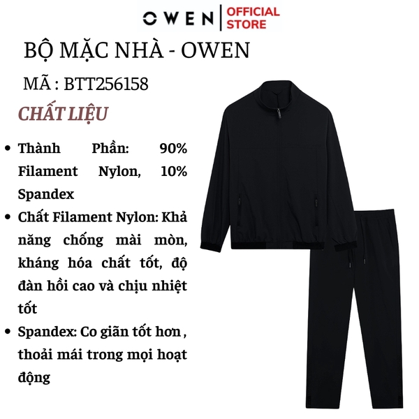 Bộ Thể Thao Nam Owen BTT256158 màu đen dáng reguler, áo cổ 3 phân, khóa kéo, tay và gấu bo chun, quần cạp chun ống suông chất liệu polyester