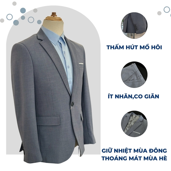 Bộ Veston VIỆT TUẤN COMPLET-191 màu xám trơn bộ suit dáng trẻ, 1 cúc , xẻ tà 2 bên chất liệu Vicose